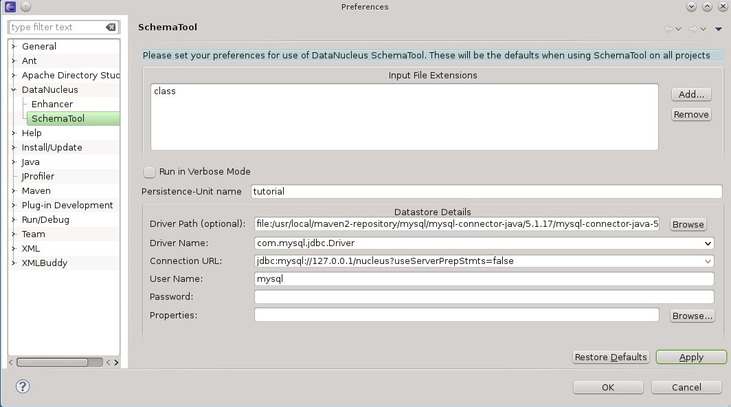 jpa eclipse prefs schematool